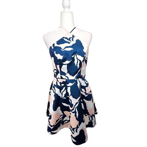 KEEPSAKE the Label Navy Blush Pink Floral Halter Neck Fit & Flare Mini Dress - Picture 3 of 11